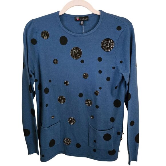 Carre Noir NWT Art To Wear Rhinestone Pearl Teal Polka Dot Sweater Size S - Picture 1 of 8